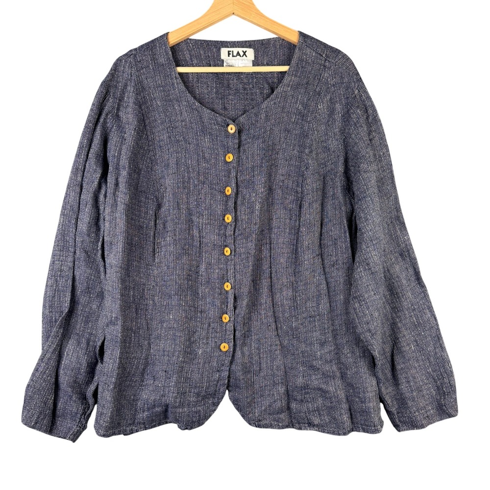 FLAX 100% Linen Blue Heathered Button Down Shirt Jacket Generous 1G Lithuania
